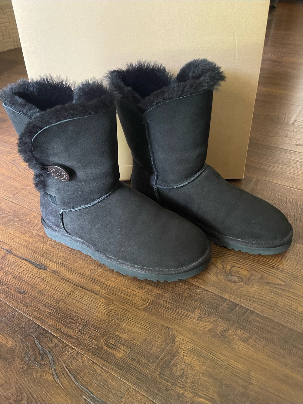 UGG Black Suede Shearling Button Mid-Calf Boots